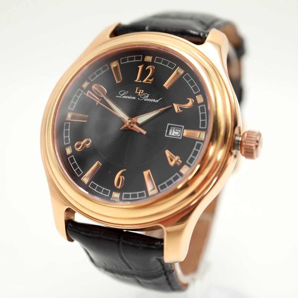 Lucien Piccard Mens Swiss Rose Gold Tone Gray Date Watch Sapphire w New Battery